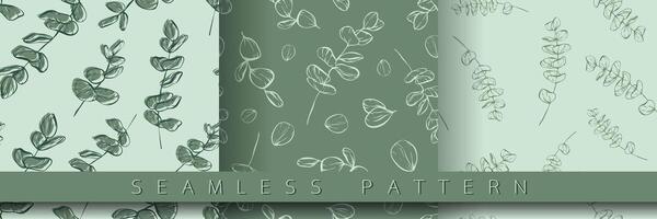 Set of botanical line pattern of eucalyptus leaves branch for wedding invitation and cards, textile products, web, wrapping paper and poster, template, beauty and cosmetic industry. vector