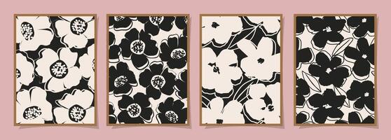 Set of Abstract groovy floral posters. Trendy botanical wall art with flower design print in black and white colors. Modern naive for interior decor, cover, card, background and minimal print. vector