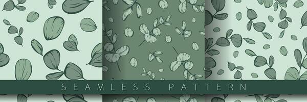 Set of botanical line loopable pattern of eucalyptus leaves branch for wedding invitation and cards, textile products, web, wrapping paper and poster, template, beauty and cosmetic industry. vector