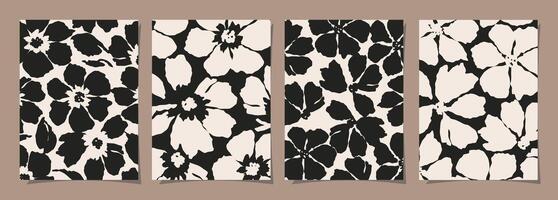 Set of Abstract groovy floral posters. Trendy botanical wall art with flower design print in black and white colors. Modern naive for interior decor, cover, card, background and minimal print. vector