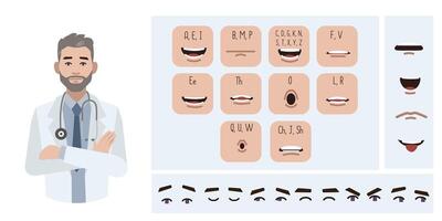 Medical worker doctor avatar creation suitable for animation. Generator, constructor of diverse eyes, lips, emotion expressions mouth animation and lip sync. Male character face construction. vector