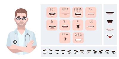 Medical worker doctor avatar creation suitable for animation. Generator, constructor of diverse eyes, lips, emotion expressions mouth animation and lip sync. Male character face construction. vector