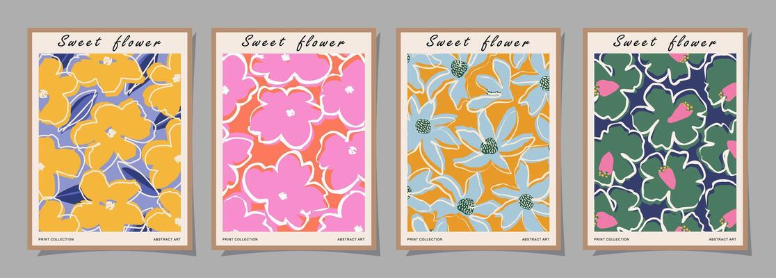 Set of abstract groovy floral posters. Trendy botanical wall art with flower design print in vibrant colors. Modern naive for interior decor, cover, card, template, banner, wallpaper and background.