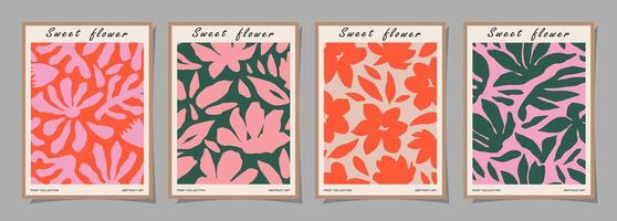 Set of Abstract groovy floral posters. Trendy botanical wall art with flower design print in vibrant colors. Modern naive for interior decor, cover, card, template, banner, wallpaper and background. vector