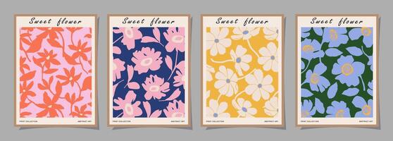 Set of Abstract groovy floral posters. Trendy botanical wall art with flower design print in vibrant colors. Modern naive for interior decor, cover, card, template, banner, wallpaper and background. vector