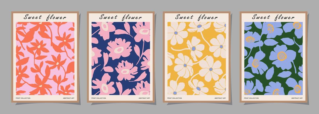 Set of Abstract groovy floral posters. Trendy botanical wall art with flower design print in vibrant colors. Modern naive for interior decor, cover, card, template, banner, wallpaper and background.