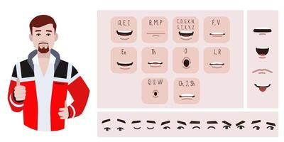 Medical worker parademic avatar creation suitable for animation. Generator, constructor of diverse eyes, lips, emotion expressions mouth animation and lip sync. Male character face construction. vector