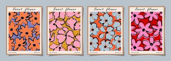 Set of abstract groovy floral posters. Trendy botanical wall art with flower design print in vibrant colors. Modern naive for interior decor, cover, card, template, banner, wallpaper and background. vector