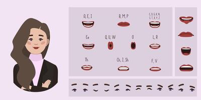 Business office plus size woman avatar creation suitable for animation. Generator, constructor of diverse eyes, lips, emotion expression mouth animation and lip sync. Woman character face construction vector