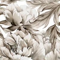 mano dibujado acuarela grisalla monocromo peonía tulipán ranúnculo flores, brotes y hojas. sin costura modelo aislado en blanco antecedentes. invitaciones, boda, fondo de pantalla, floral comercio, imprimir, textil vector