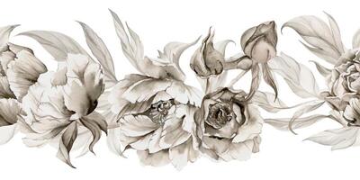 Hand drawn watercolor grisaille monochrome peony tulip ranunculus flowers, buds and leaves. Seamless banner isolated on white background. Invitations, wedding, wallpaper, floral shop, print, textile vector