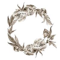 Hand drawn watercolor grisaille monochrome peony tulip rose flowers, buds and leaves. Wreath frame isolated on white background. Invitations, wedding or greeting cards, floral shop, print, textile vector