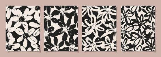 Set of Abstract groovy floral posters. Trendy botanical wall art with flower design print in black and white colors. Modern naive for interior decor, cover, card, background and minimal print. vector