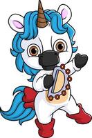 Cute cartoon unicorn playing tambourine vector