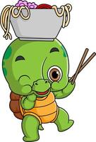 Cute turtle Eating noodle Bowl With Chopstick vector