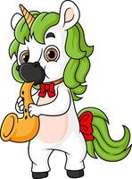 Cute unicorn in playing saxophone position on white background vector