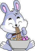 Cute rabbit Eating Ramen Bowl With Chopstick vector