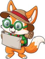 a cute fox reading a map and backpack vector