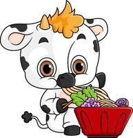 Cute cow Eating noodle Bowl With Chopstick vector