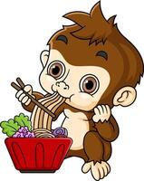 cute monkey eating noodle with chopstick vector