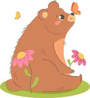 linda dibujos animados oso con mariposa en su nariz sentado en prado. ilustración en blanco antecedentes para niños vector