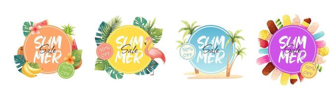 Set of round tags Summer Sale. Posters, advertising banners, discount stickers. cartoon illustration with palm trees, ice cream, tropical elements vector