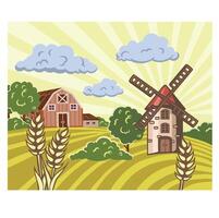 Windmill on a wheat field. cartoon illustration. vector
