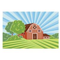 Illustration of an old barn and a green field and apple trees in the background. vector