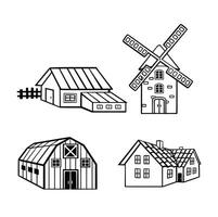 Set of village sketch buildings. linear illustration monochrome vector