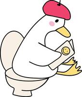 Cute goose reading book in toilet cartoon character hand drawn clipart vector