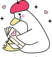 Cute crying goose reading book cartoon character hand drawn Clipart vector