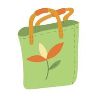 Fabric grocery bag with handles, perfect for eco-conscious shopping, reducing plastic use, and carrying daily essentials in a stylish, sustainable way. Green bag with a leaf pattern. Stitched capacity vector