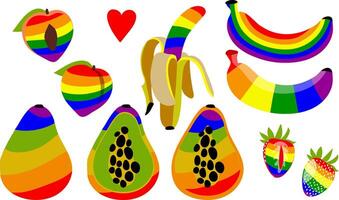 A set of fruits painted in all colors of the rainbow. Peach, banana, papaya, strawberry. Multicolored fruits are whole and halves in LGBT colors. Suitable for website, blog, product vector