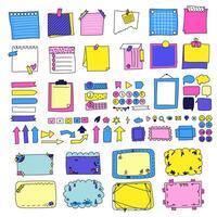 Sticky hand drawn doodle psychedelic notes on paper, cute blanks, office notices, home reminder. Paper stickers, talking clouds, arrows, elements, frames, numbers for school, university, work. Set big vector