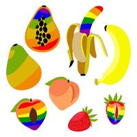 A set of fruits painted in all colors of the rainbow. Peach, banana, papaya, strawberry. The multicolored fruits cut inside are whole and halves in LGBT colors. Suitable for website, blog, product vector