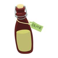 Glass-bottled olive oil, golden, pure, ideal for healthy cooking, dressings, and dips. Enhances flavors with a Mediterranean touch. A dark closed bottle with a piece of paper with the name. Isolated vector