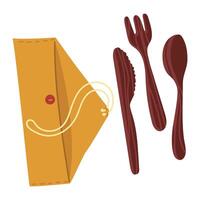 A set of reusable wooden cutlery in a case, ideal for eco-friendly lunches on the go, picnics or eco-friendly travel. Insulated bamboo cutlery, brown with wood texture insulated. Fabric, storage case vector