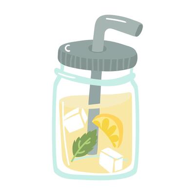 illustration of a glass jar with a straw. Lemon water with ice and mint. This refreshing image can be used for decoration on a summer theme. An ecological lifestyle. Reusable tableware