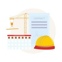 Yellow helmet, calendar and a contract for new construction with a crane in the background vector