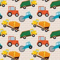 Seamless pattern with construction vehicles on brick background, featuring tractor, truck, concrete mixer, roller vector