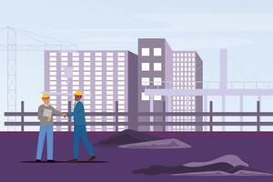 Two diverse colleagues shaking hands on construction site with crane, high buildings, and bridge in background vector