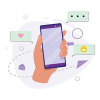 Cellphone in hand with emoji, heart, message, paper plane, envelope, and abstract circles around vector