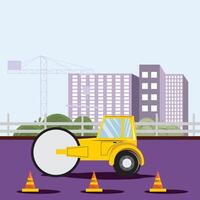 Yellow road roller driving in the city scene vector