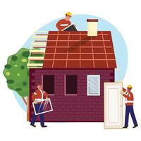 Workers in protective helmets and clothes building a house, installing solar panels, windows, and a door, with a tree in the background vector