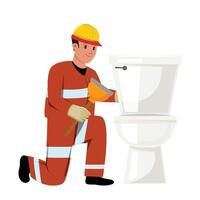 Protective helmet and gloves-clad worker repairing a toilet using a plumber tool vector