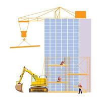 Workers on scaffold at construction site, excavator, crane, and high building in background vector