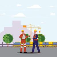 Two men in protective helmets and suits talking about a building project, with buildings, a train, and a crane behind them vector