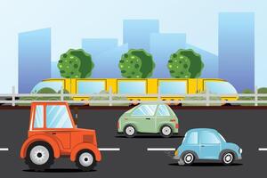 City illustration with cars, tractor and yellow train driving by high buildings, bushes, and trees vector