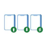 Three smartphones with arrow up and down. graphic illustration of upload, download and synchronization of smartphone with cloud storage. Design elements of technology illustration vector