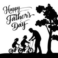 Happy Father's Day. Bike with children's and dad. Father's Day poster or banner template vector